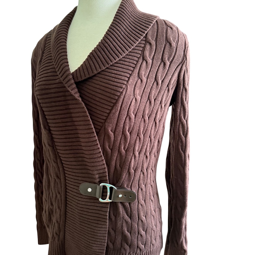 Lauren Ralph Lauren Cardigan Wrap Womens Large Brown Cable Knit Buckle Shawl - Picture 3 of 13